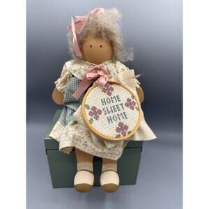 Folk Art Wooden Rag Doll Sitting Figure w Cross Stitch Hoop Box 9”